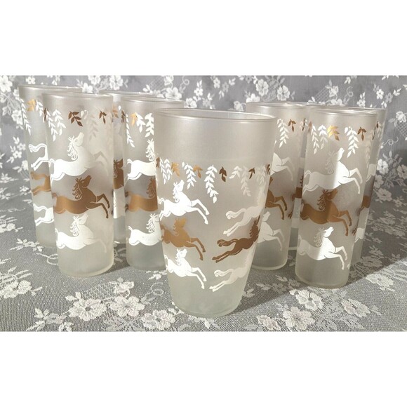 Libbey Vintage 60s Horses Tom Collins & Mixer Glass Set of 9 Mid Century Barware - Picture 1 of 7